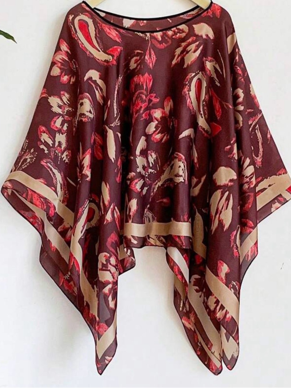 Burgundy Floral Satin Poncho with Beige Trim